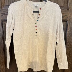 Robert Kitchen Heathered Beige Oatmeal Knit Henley Top Colorful Buttons Medium